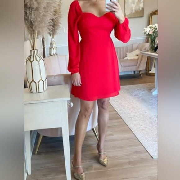 Holiday Party Red Babydoll Dress Sweetheart Neck Smocked Back Balloon Sleeves 8 - Picture 2 of 12